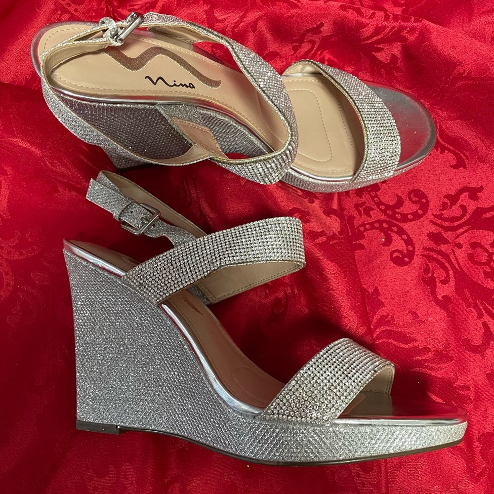 Nina Silver Sparkly Wedge Shoes